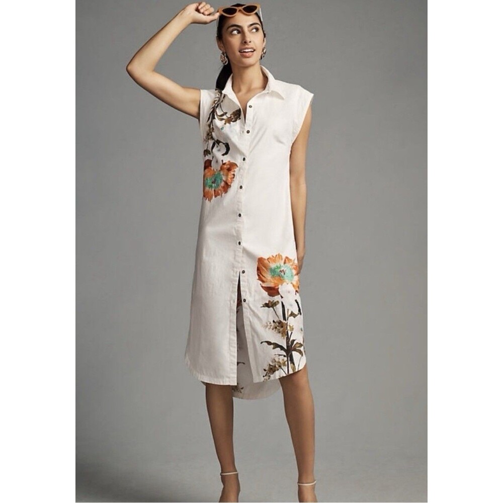 ANTHROPOLOGIE MAEVE Floral Shirt Tunic Dress XS Ivory Sleeveless Button Up